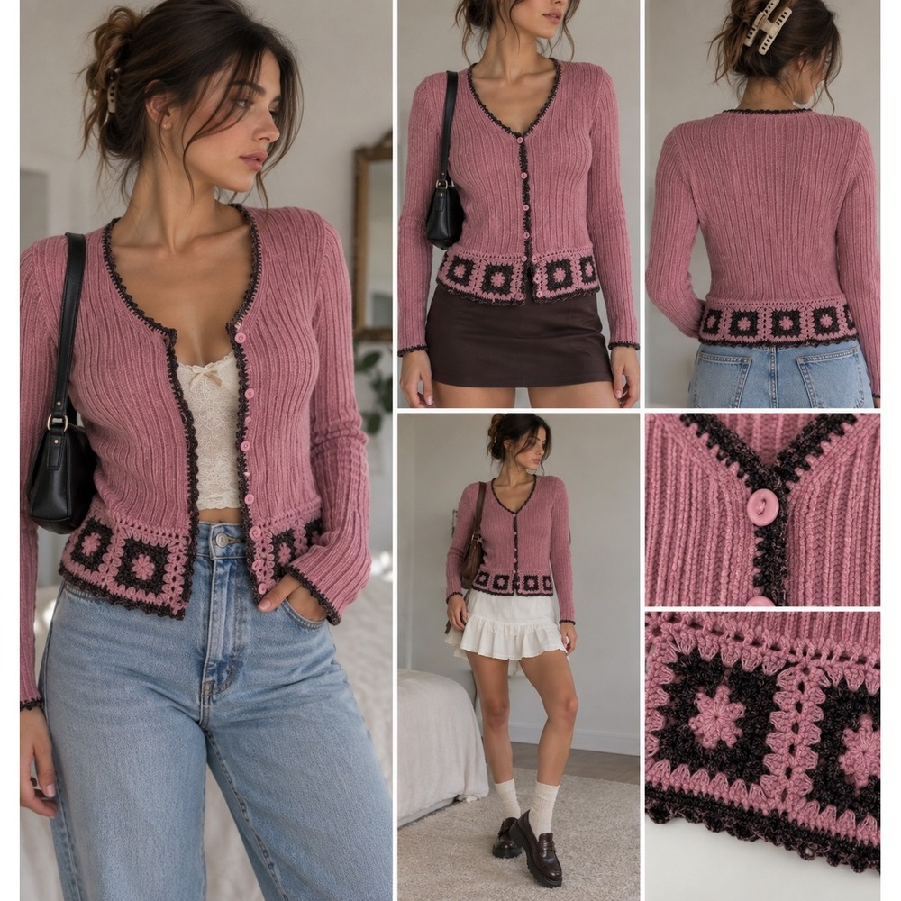 Carolyn Taylor Essentials Pink Chenille Crochet Granny Square Cardigan Small